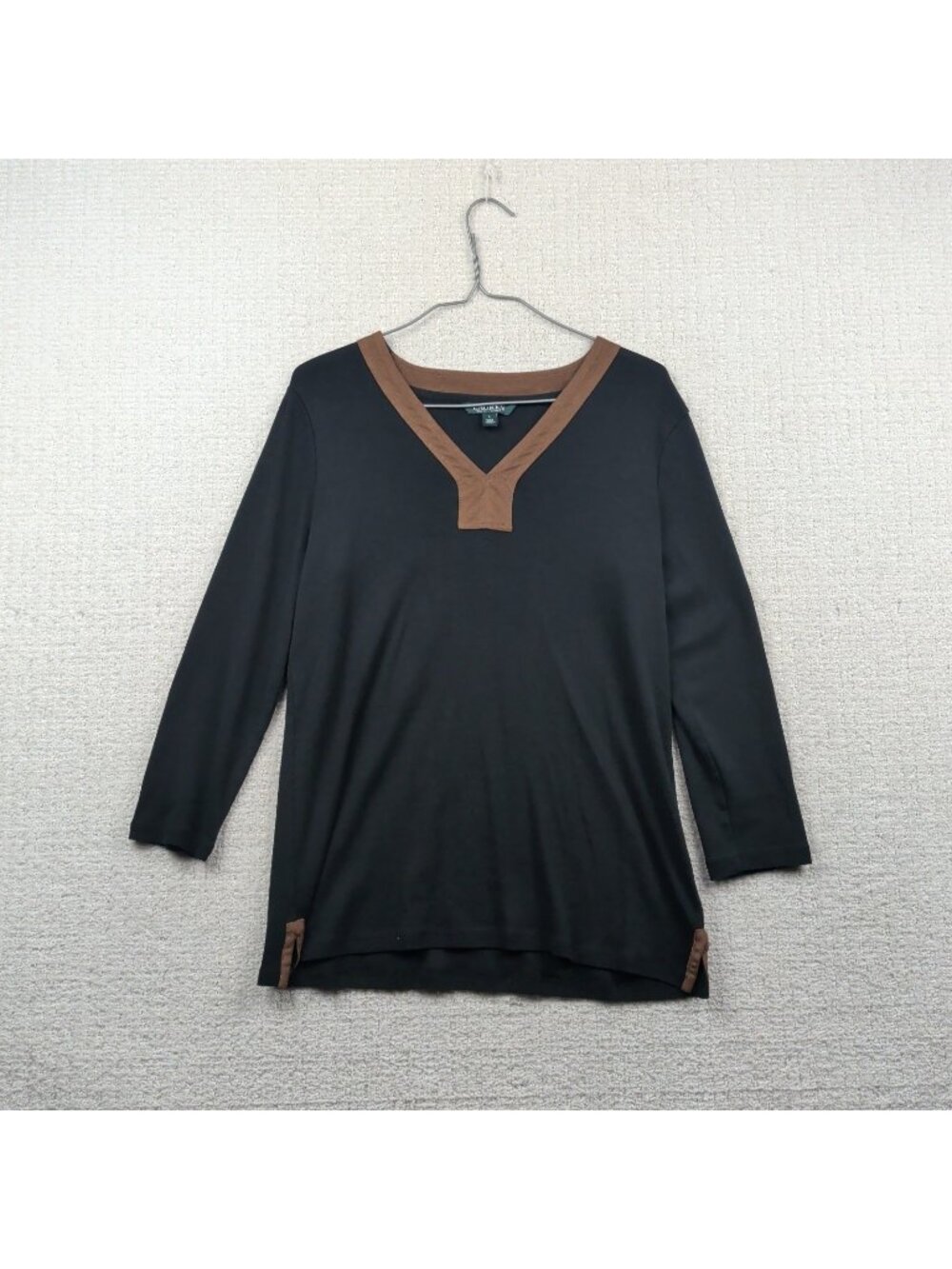 Lauren Ralph Lauren Top Women L Black Faux Suede Trim V Neck 3/4 Sleeve Preppy